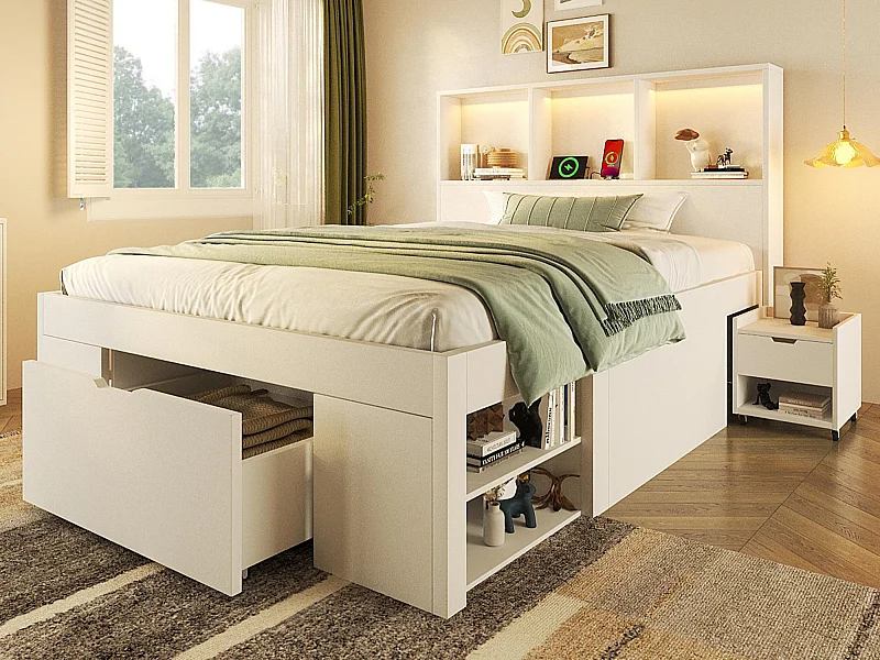 Lit simple 90x200cm - avec éclairage LED et USB-C - avec espace de rangement et table de chevet mobile - Blanc (matelas non inclus)