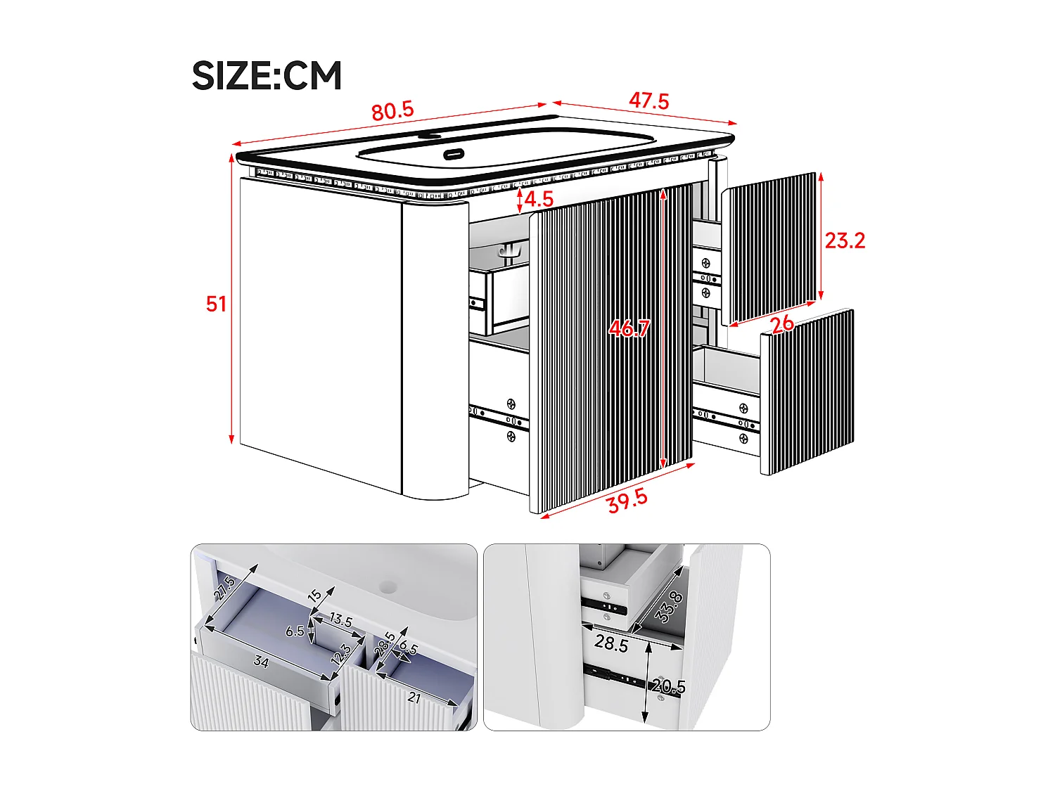 Wiszący mebel łazienkowy - 80,5x47,5x51 cm - z ceramiczna umywalką - 4 szuflady - z LED - Biały