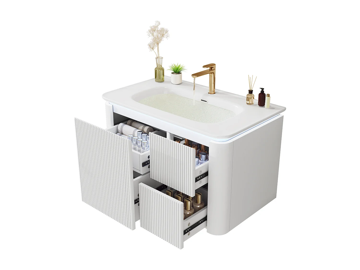 Wiszący mebel łazienkowy - 80,5x47,5x51 cm - z ceramiczna umywalką - 4 szuflady - z LED - Biały