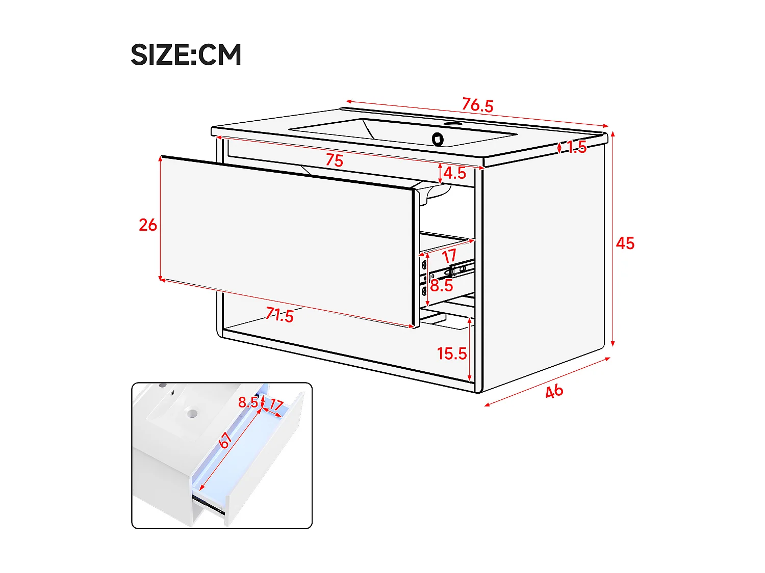 Wiszący mebel łazienkowy 76x46x45 cm - z ceramiczna umywalką - 1 szuflada i otwarte półki - z LED - Biały