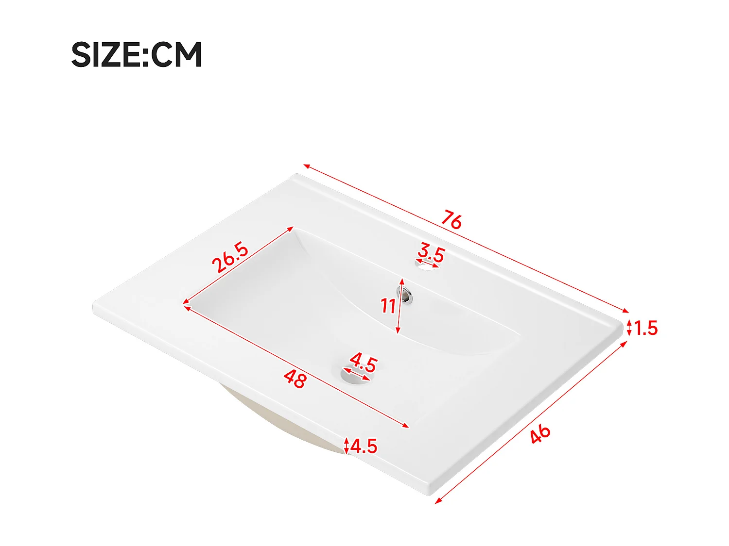 Wiszący mebel łazienkowy 76x46x45 cm - z ceramiczna umywalką - 1 szuflada i otwarte półki - z LED - Biały