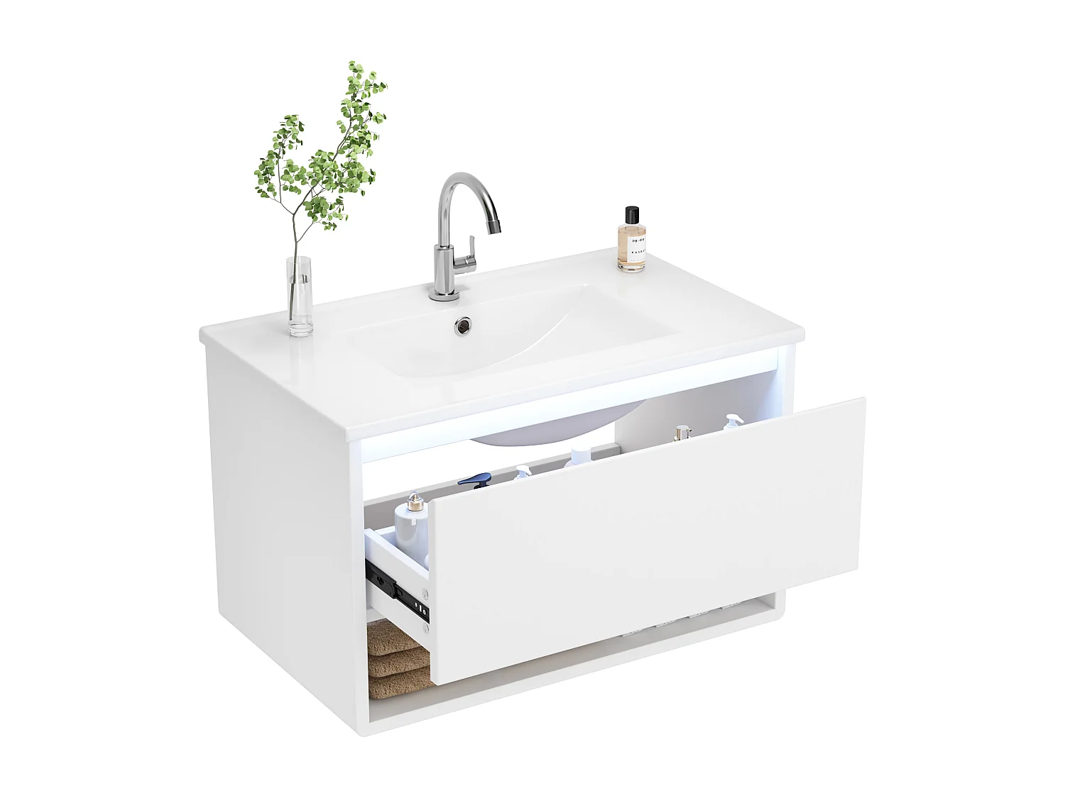 Wiszący mebel łazienkowy 76x46x45 cm - z ceramiczna umywalką - 1 szuflada i otwarte półki - z LED - Biały