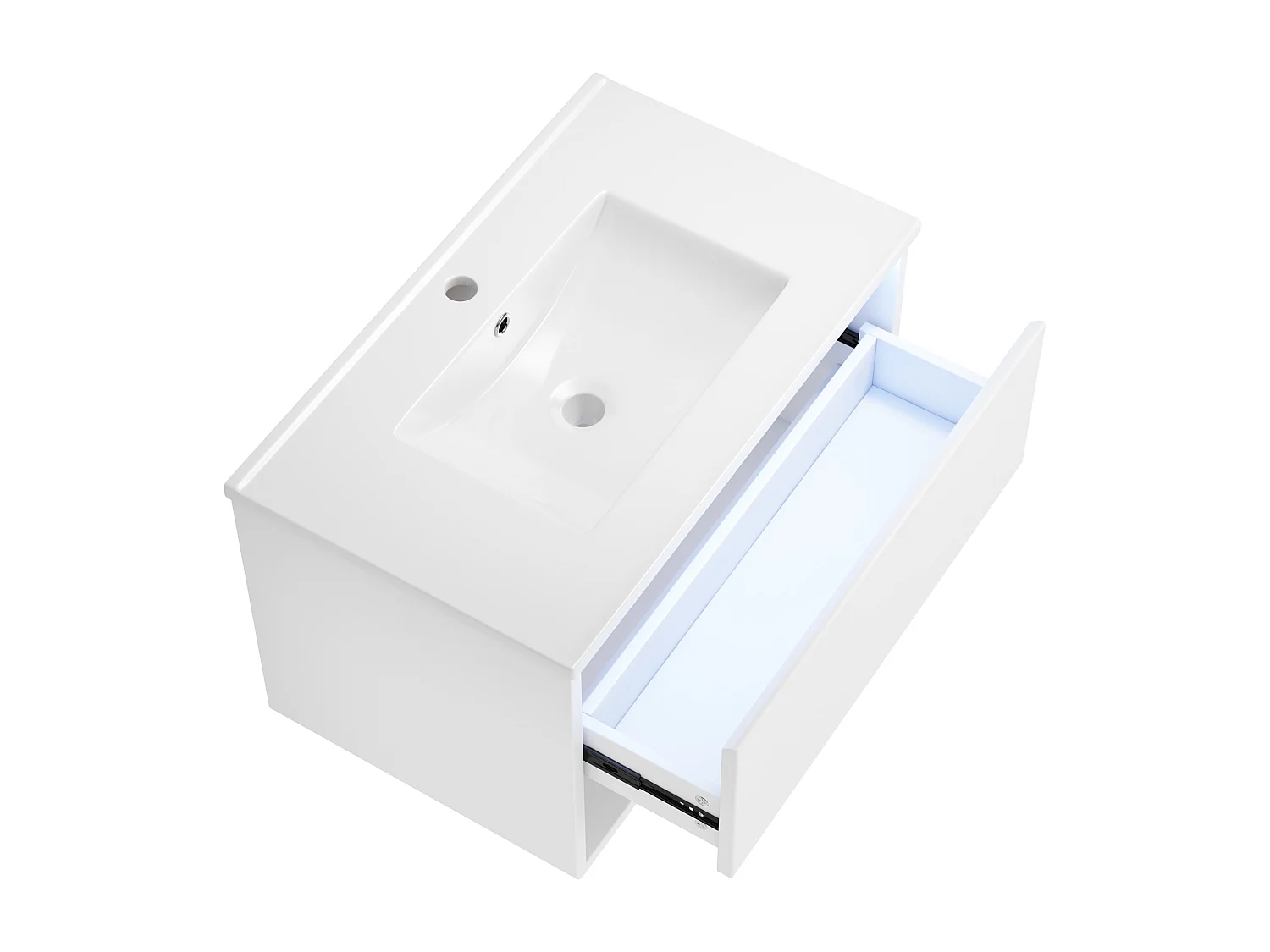 Wiszący mebel łazienkowy 76x46x45 cm - z ceramiczna umywalką - 1 szuflada i otwarte półki - z LED - Biały