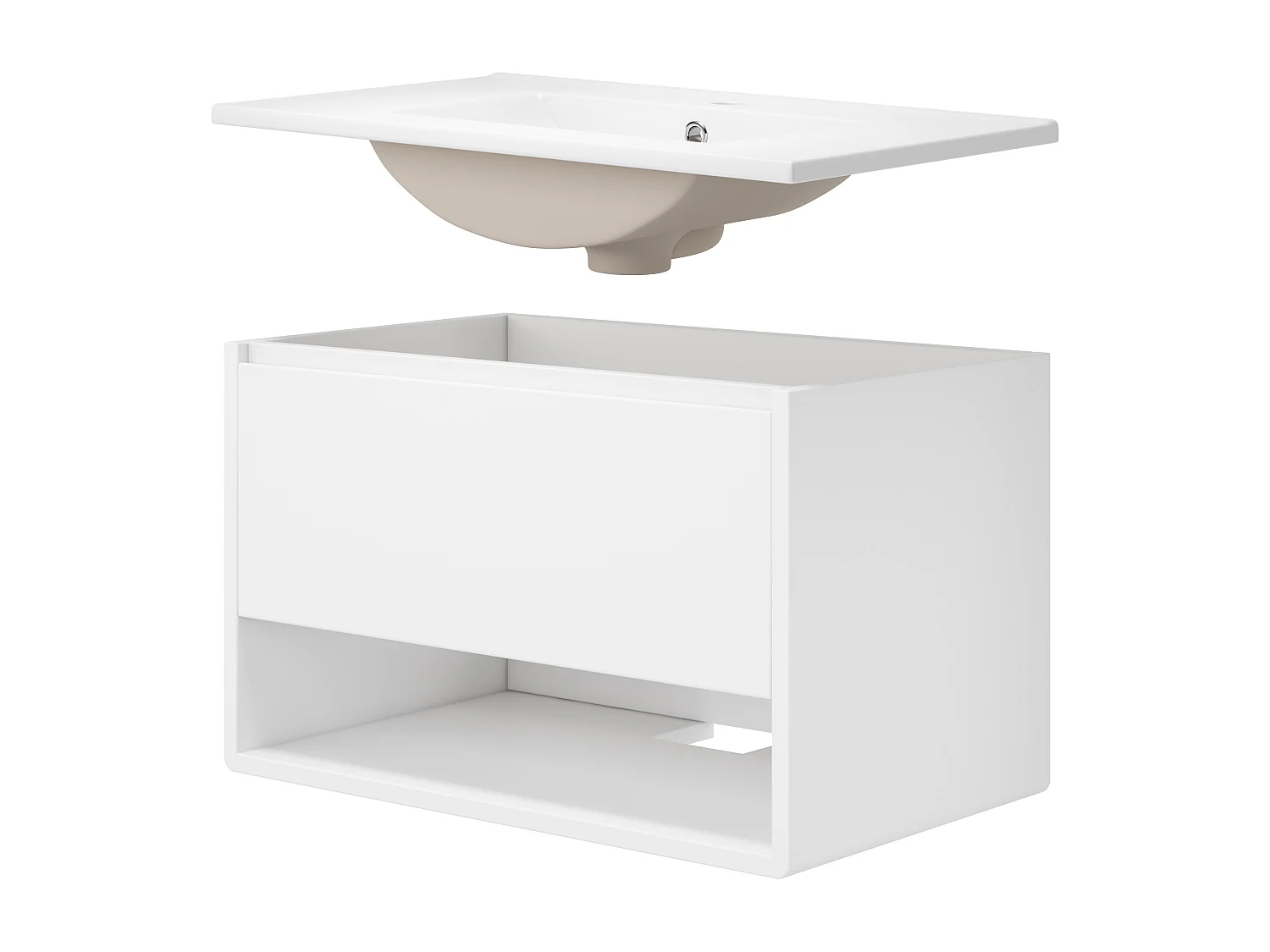 Wiszący mebel łazienkowy 76x46x45 cm - z ceramiczna umywalką - 1 szuflada i otwarte półki - z LED - Biały