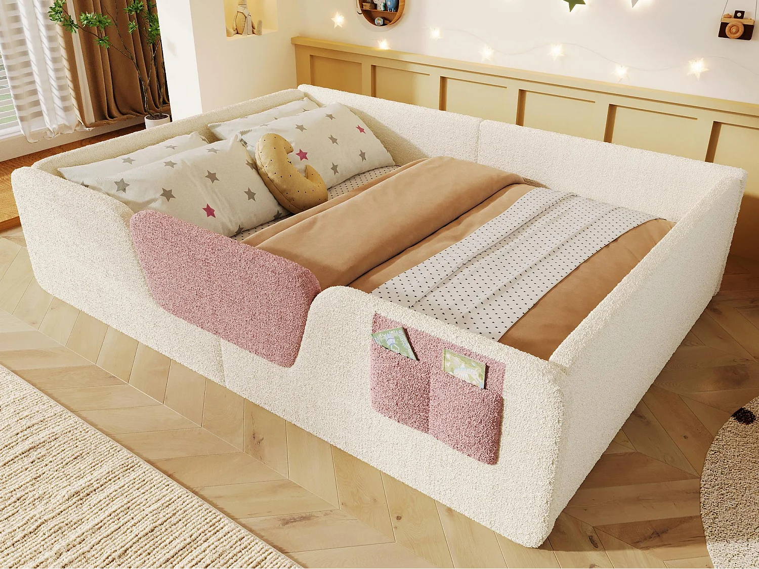 Tapicerowane łóżko dziecięce 140x190 cm - z wyjmowanymi barierkami bezpieczeństwa - z torbą do przechowywania - beżowy​ (materac nie jest wliczony w cenę)
