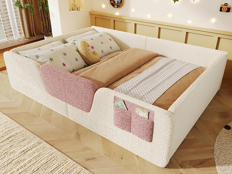 Lit enfant rembourré 140x190 cm - avec barrières de sécurité amovibles - avec sac de rangement - beige (matelas non inclus)