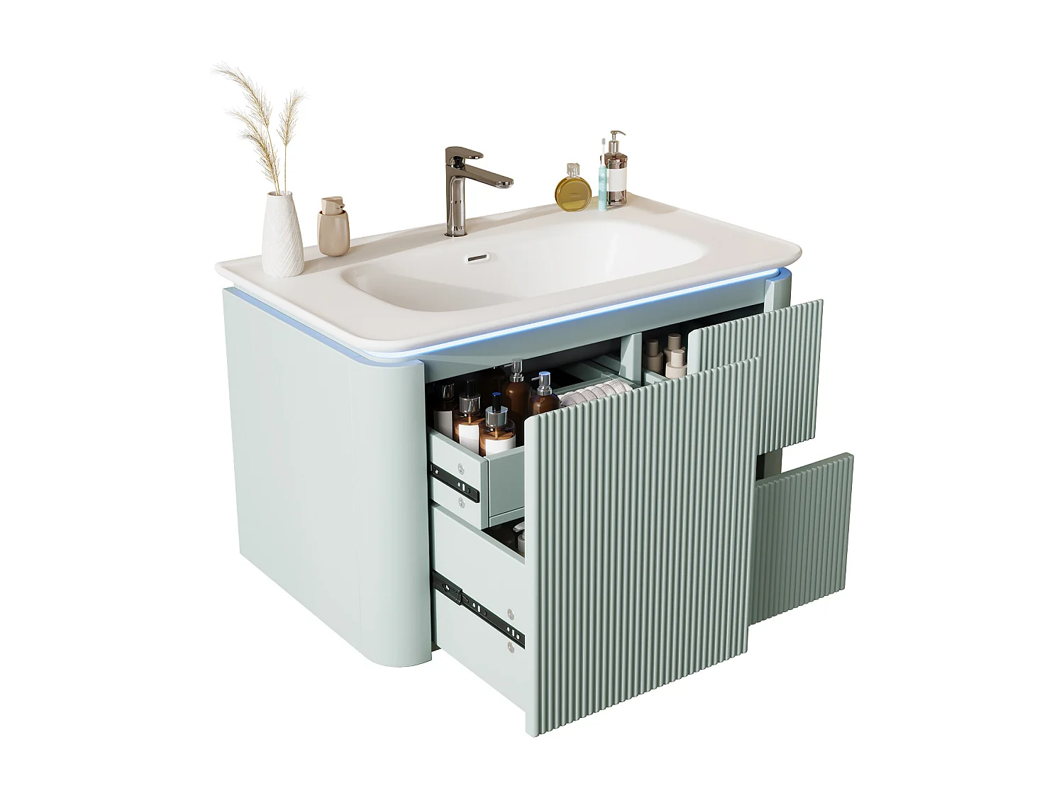 Wiszący mebel łazienkowy - 80,5x47,5x51 cm - z ceramiczna umywalką - 4 szuflady - z LED - Zielony