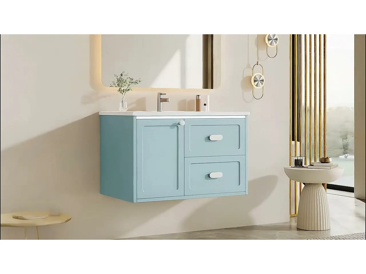 Meuble de salle de bain suspendu 76x46x51 cm - avec une vasque en céramique - 2 tiroirs et 1 porte - avec LED - Bleu