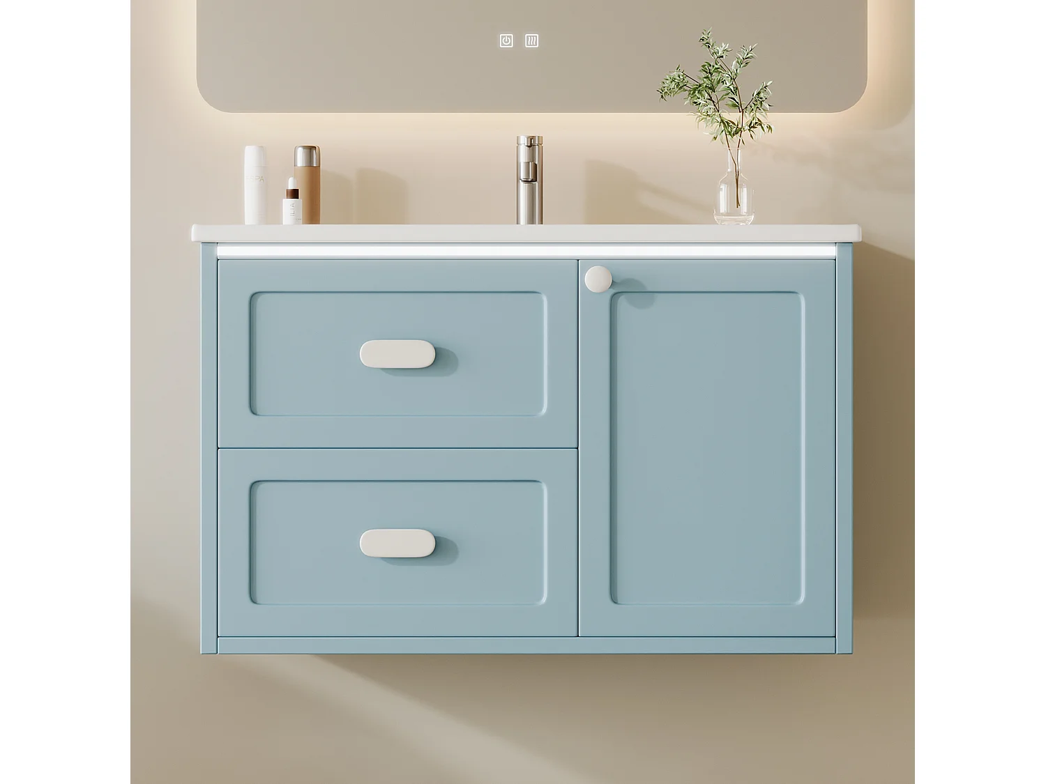 Meuble de salle de bain suspendu 76x46x51 cm - avec une vasque en céramique - 2 tiroirs et 1 porte - avec LED - Bleu