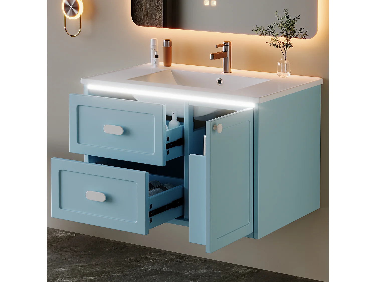 Meuble de salle de bain suspendu 76x46x51 cm - avec une vasque en céramique - 2 tiroirs et 1 porte - avec LED - Bleu