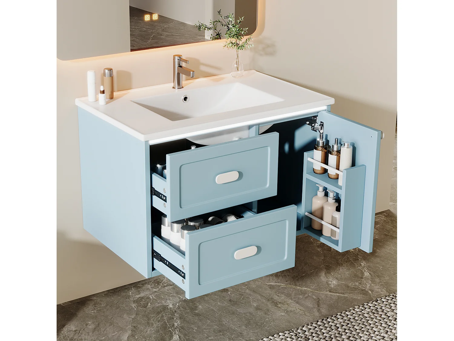 Meuble de salle de bain suspendu 76x46x51 cm - avec une vasque en céramique - 2 tiroirs et 1 porte - avec LED - Bleu