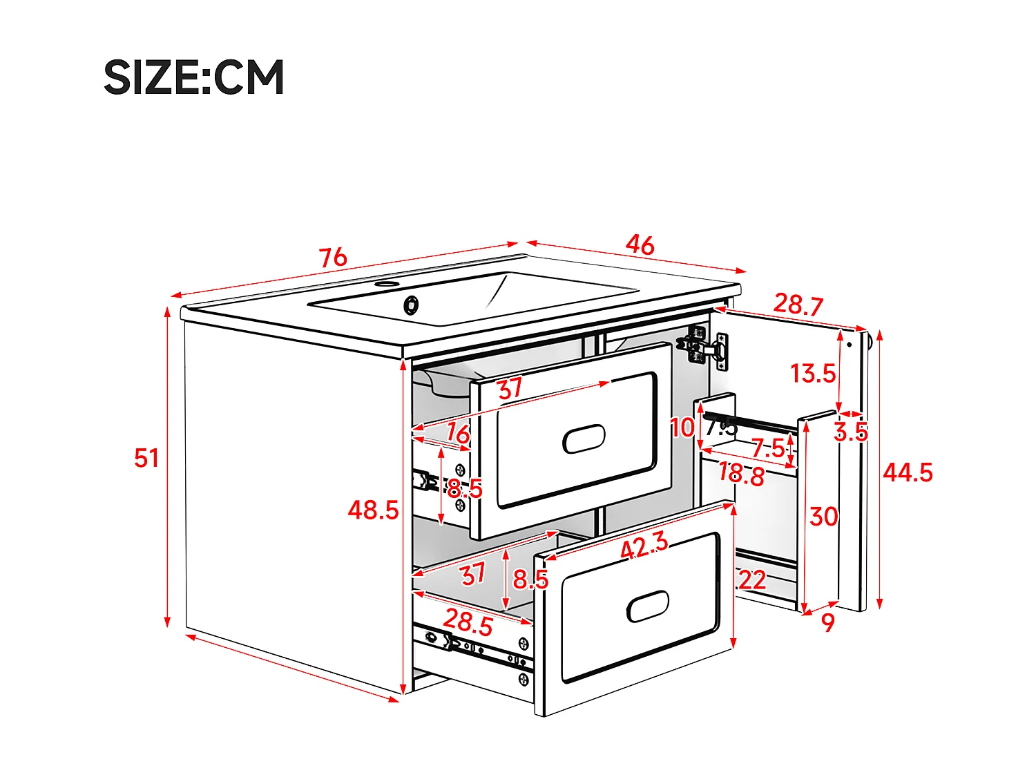 Meuble de salle de bain suspendu 76x46x51 cm - avec une vasque en céramique - 2 tiroirs et 1 porte - avec LED - Bleu