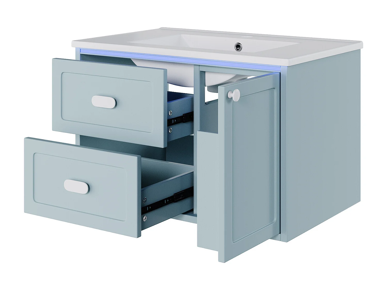 Meuble de salle de bain suspendu 76x46x51 cm - avec une vasque en céramique - 2 tiroirs et 1 porte - avec LED - Bleu