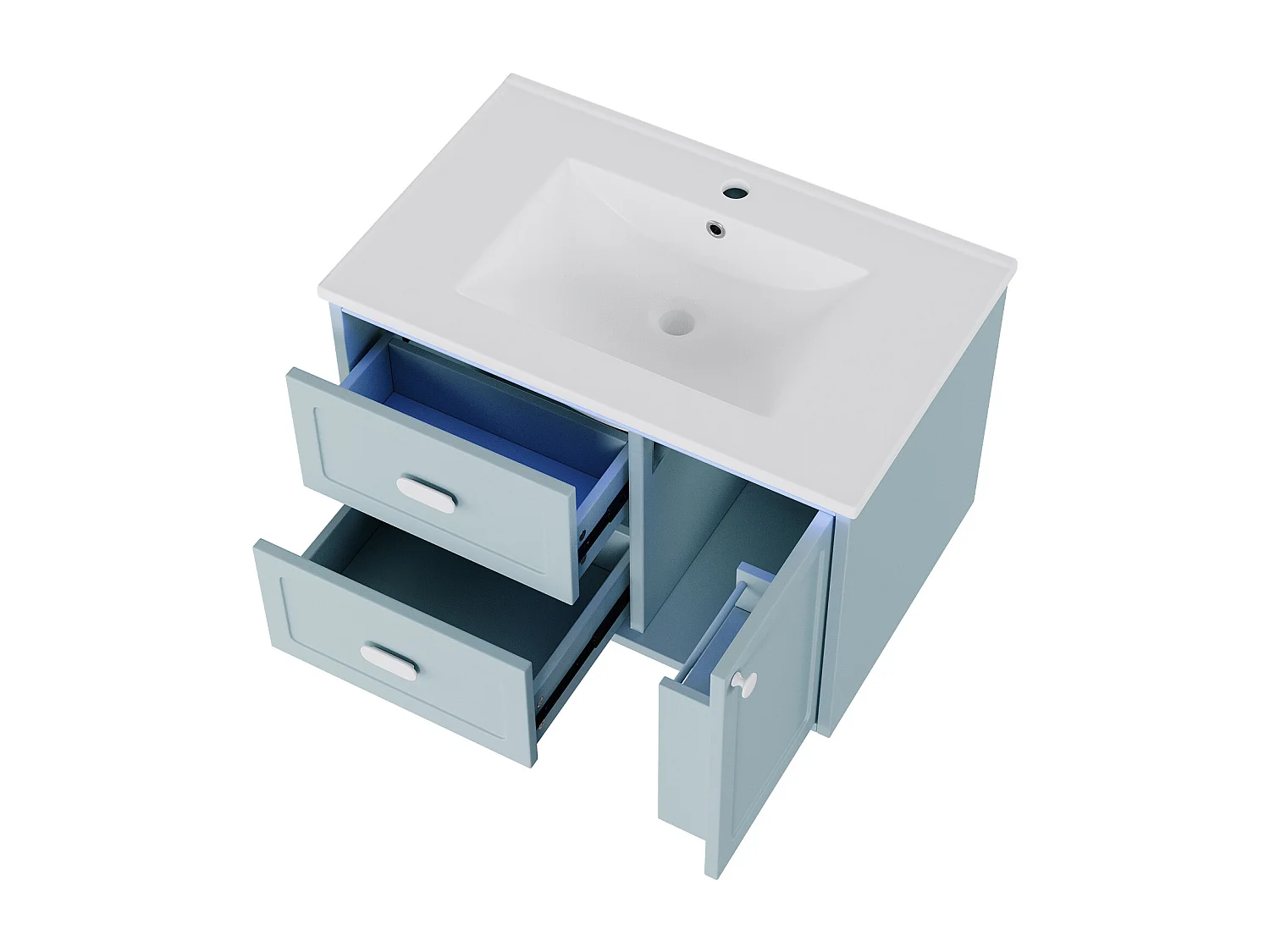 Meuble de salle de bain suspendu 76x46x51 cm - avec une vasque en céramique - 2 tiroirs et 1 porte - avec LED - Bleu