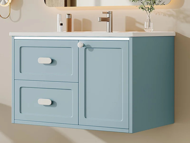 Meuble de salle de bain suspendu 76x46x51 cm - avec une vasque en céramique - 2 tiroirs et 1 porte - avec LED - Bleu