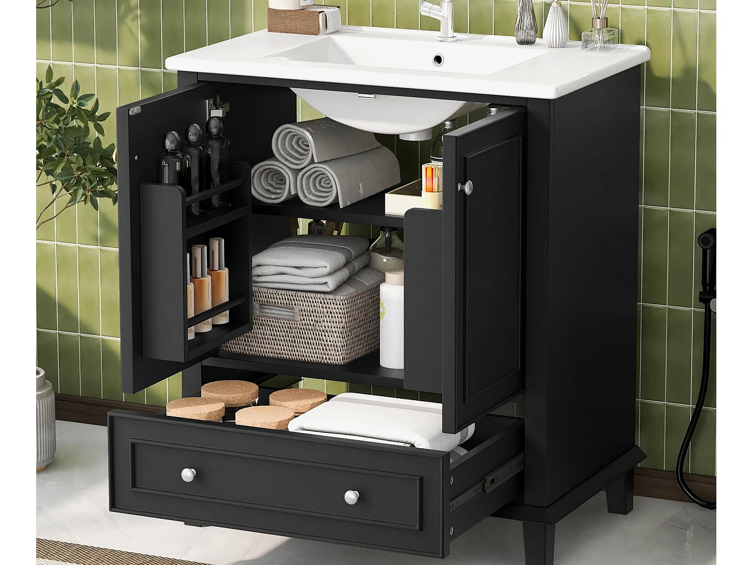 Meuble de salle de bain sur pied - avec une vasque en céramique - 2 portes et 1 tiroir - noir(robinet non inclus)