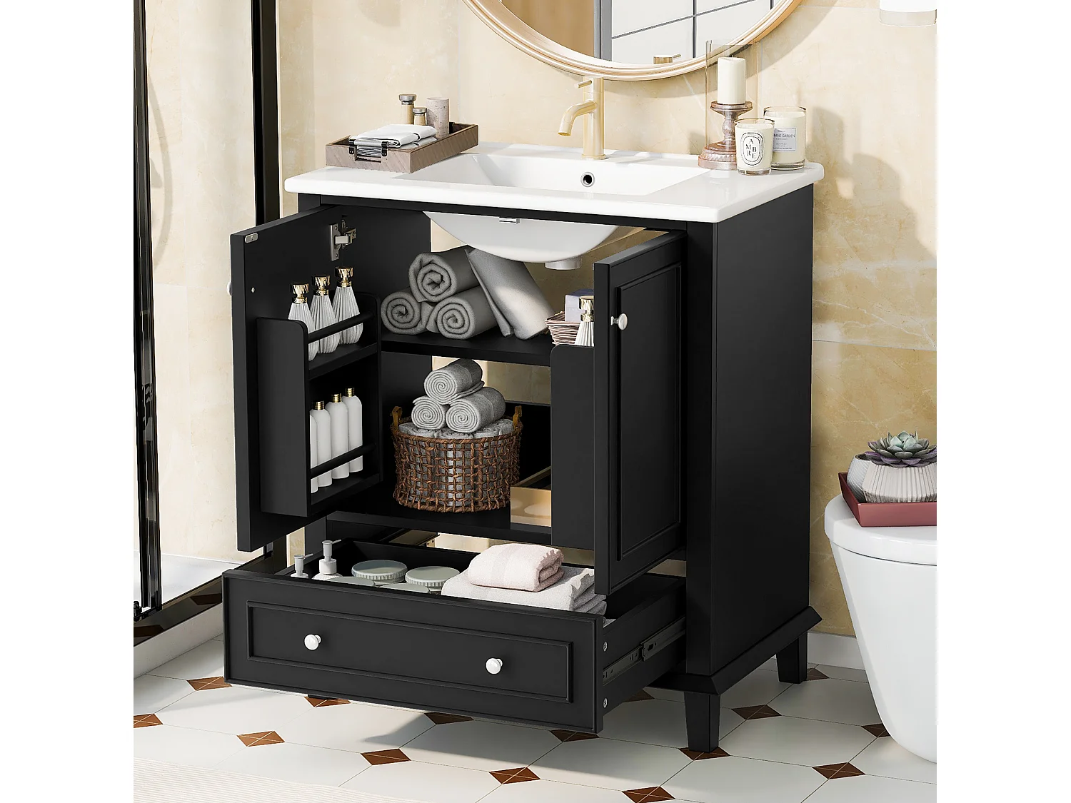 Meuble de salle de bain sur pied - avec une vasque en céramique - 2 portes et 1 tiroir - noir(robinet non inclus)