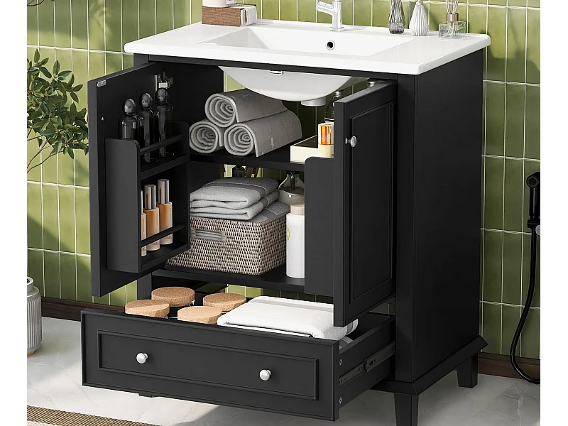 Meuble de salle de bain sur pied - avec une vasque en céramique - 2 portes et 1 tiroir - noir(robinet non inclus)