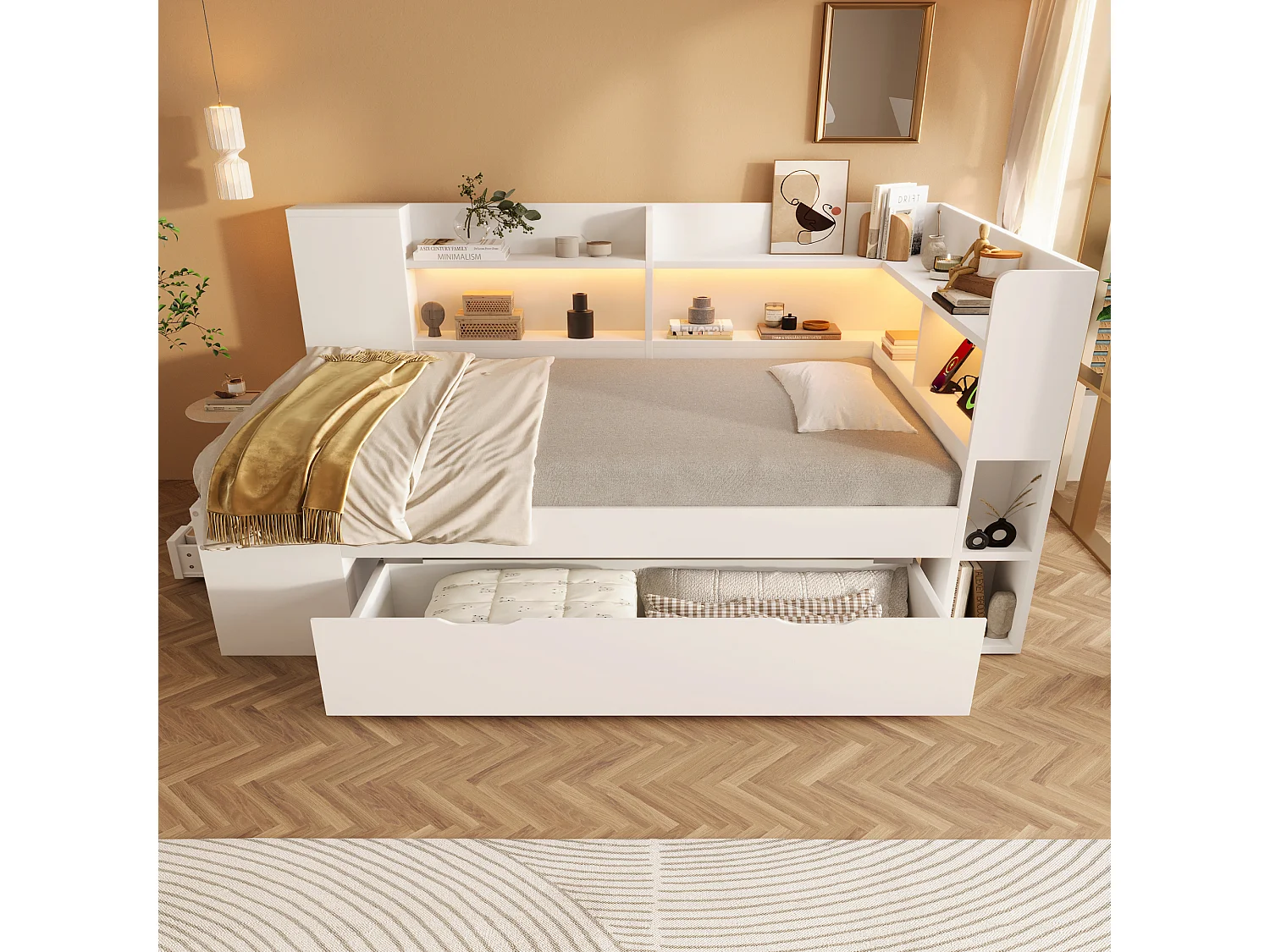 Canapé-lit 90x200cm - avec LED - avec USB/Type-C - avec des compartiments de rangement et des tiroirs - blanc (matelas non inclus)