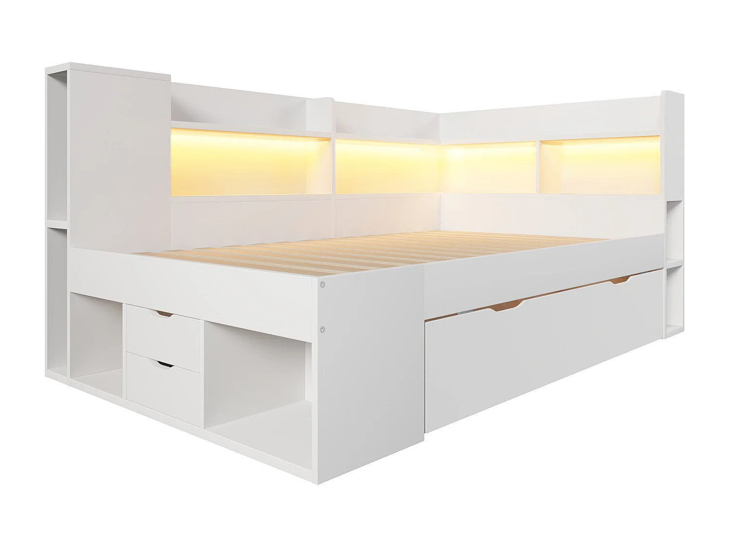 Canapé-lit 90x200cm - avec LED - avec USB/Type-C - avec des compartiments de rangement et des tiroirs - blanc (matelas non inclus)