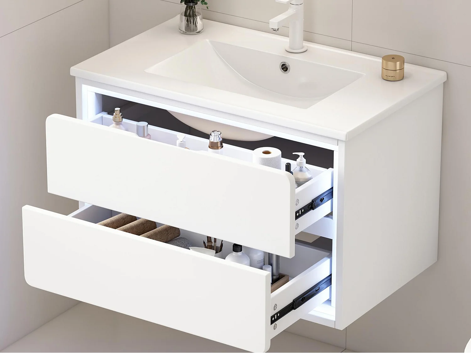 Wiszący mebel łazienkowy 76x46x48,5 cm - z ceramiczna umywalką - 2 szuflady - z LED - Biały