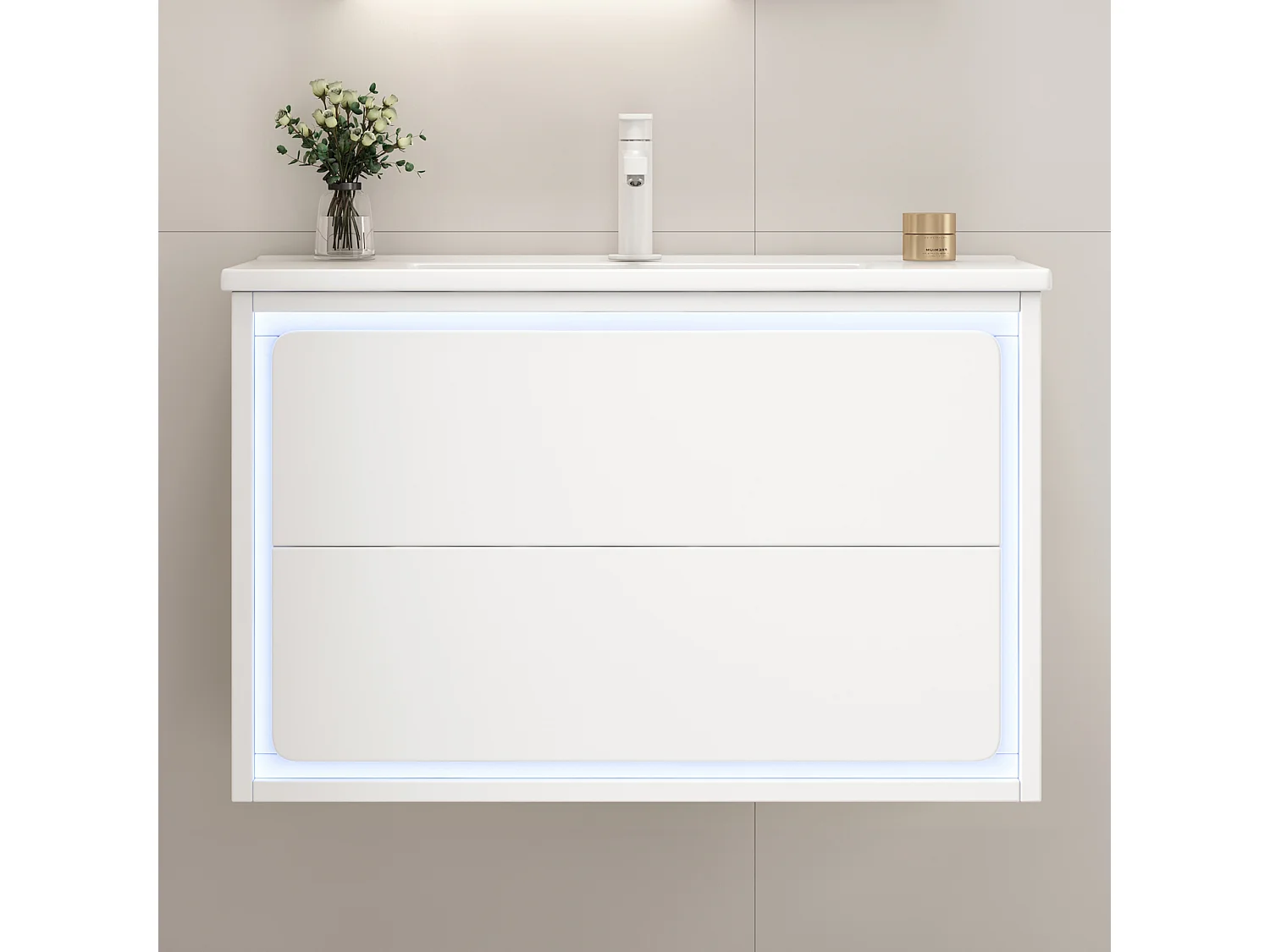 Wiszący mebel łazienkowy 76x46x48,5 cm - z ceramiczna umywalką - 2 szuflady - z LED - Biały