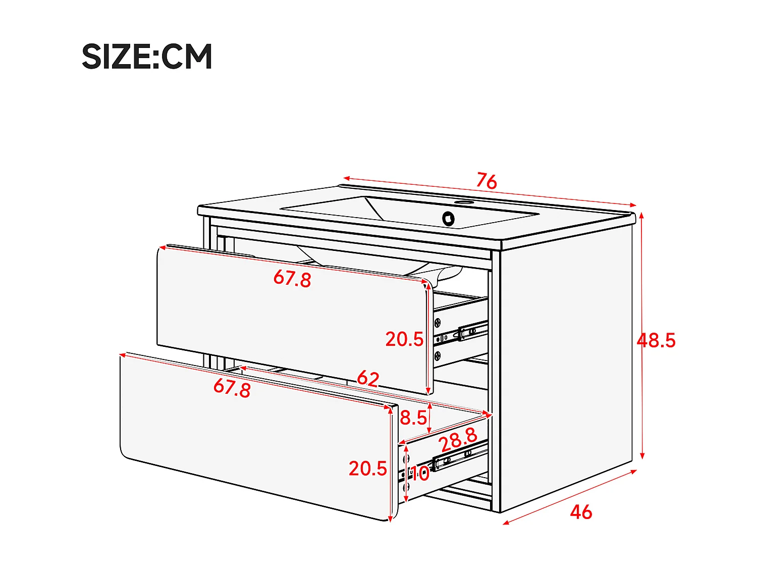 Wiszący mebel łazienkowy 76x46x48,5 cm - z ceramiczna umywalką - 2 szuflady - z LED - Biały