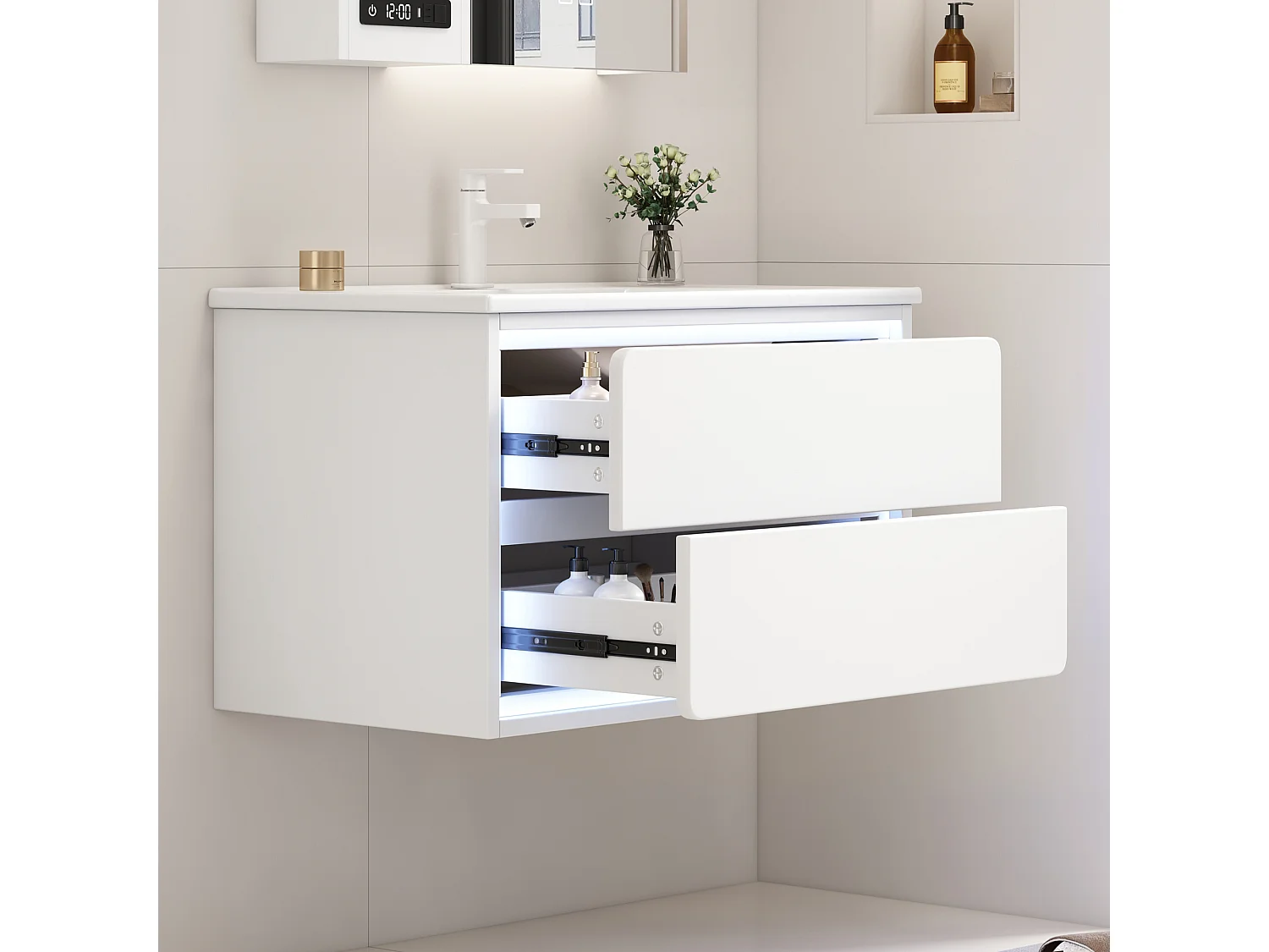 Wiszący mebel łazienkowy 76x46x48,5 cm - z ceramiczna umywalką - 2 szuflady - z LED - Biały