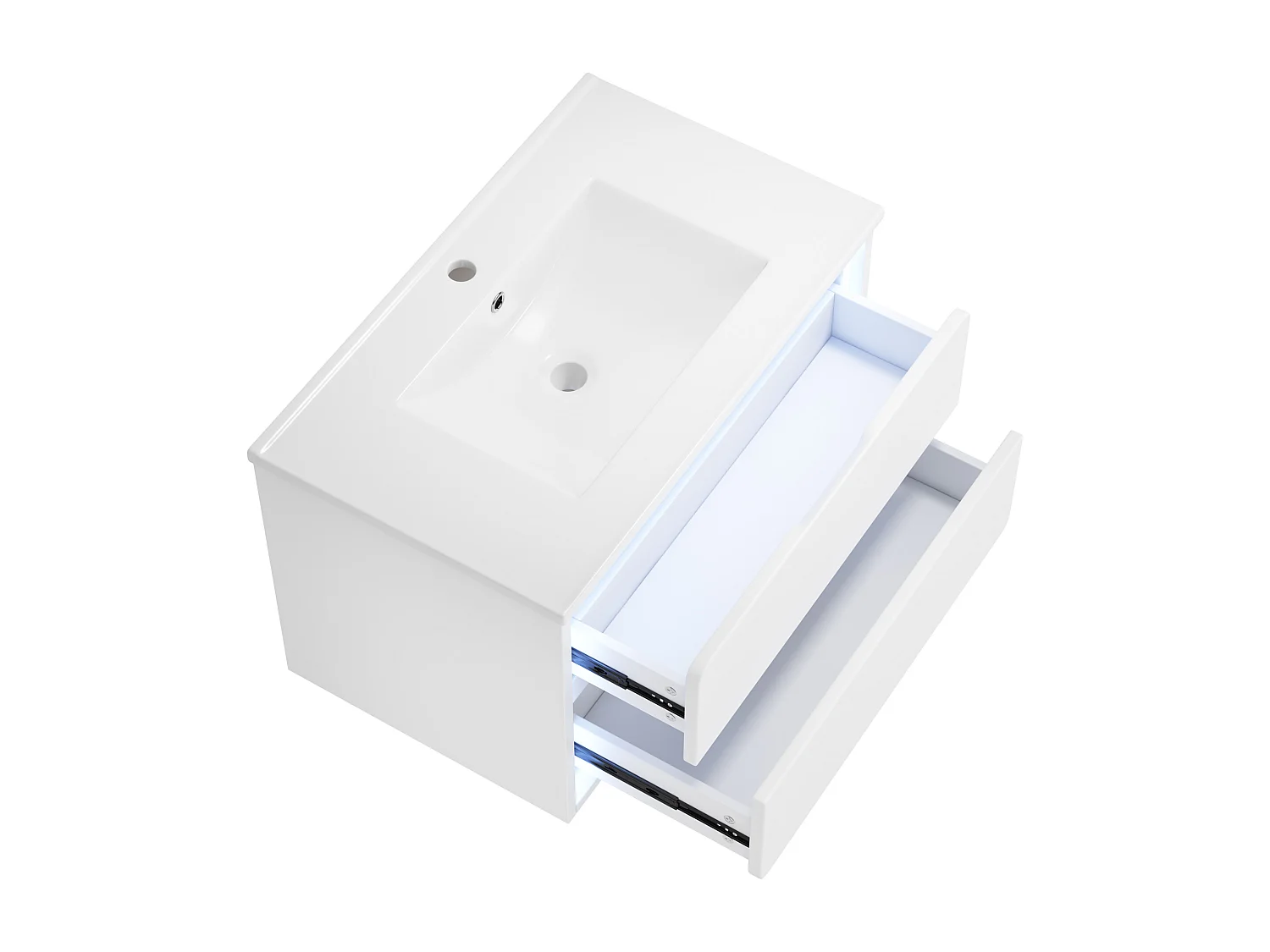 Wiszący mebel łazienkowy 76x46x48,5 cm - z ceramiczna umywalką - 2 szuflady - z LED - Biały