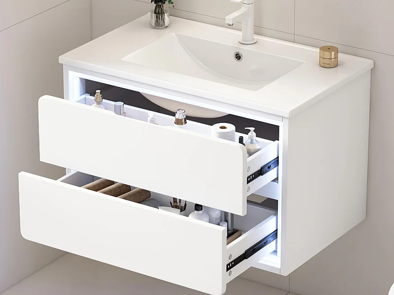 Wiszący mebel łazienkowy 76x46x48,5 cm - z ceramiczna umywalką - 2 szuflady - z LED - Biały