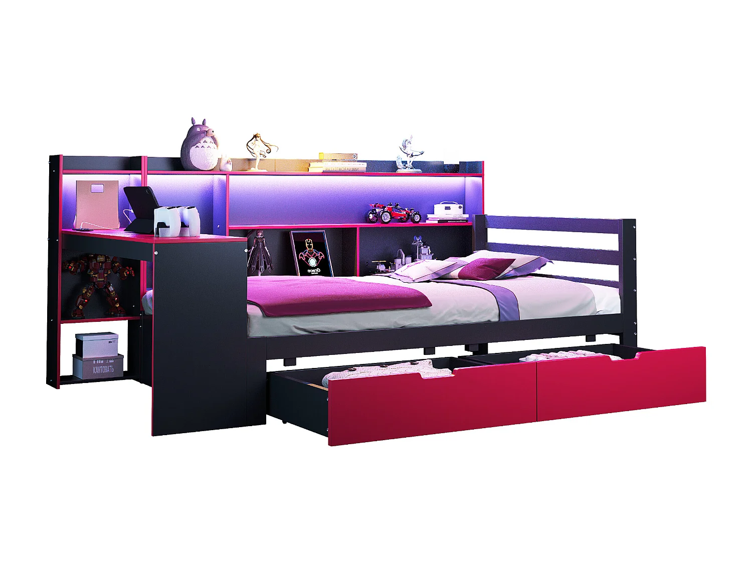 Divano letto 90x200 cm - con scomparti di riporre - illuminazione integrata - presa di corrente - 2 cassetti - nero + rosso​ (materasso non incluso)