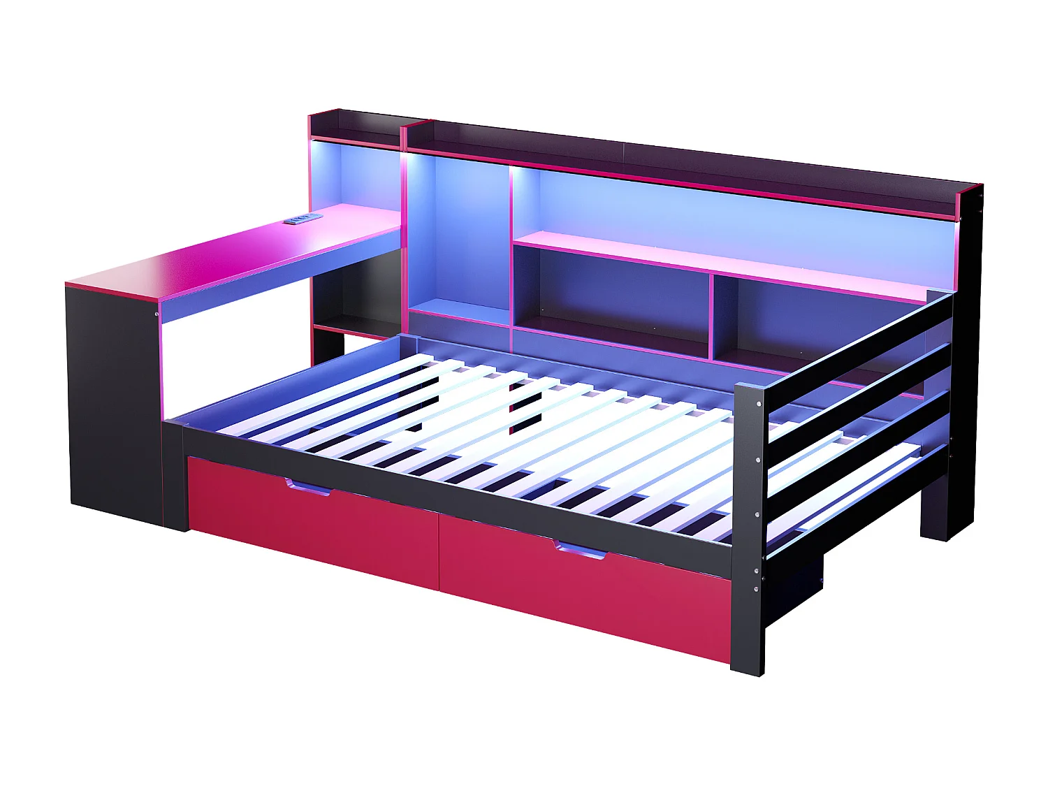 Divano letto 90x200 cm - con scomparti di riporre - illuminazione integrata - presa di corrente - 2 cassetti - nero + rosso​ (materasso non incluso)