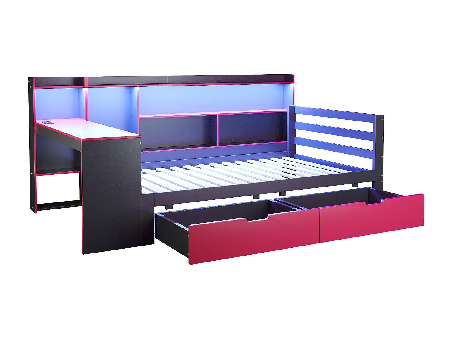 Divano letto 90x200 cm - con scomparti di riporre - illuminazione integrata - presa di corrente - 2 cassetti - nero + rosso​ (materasso non incluso)