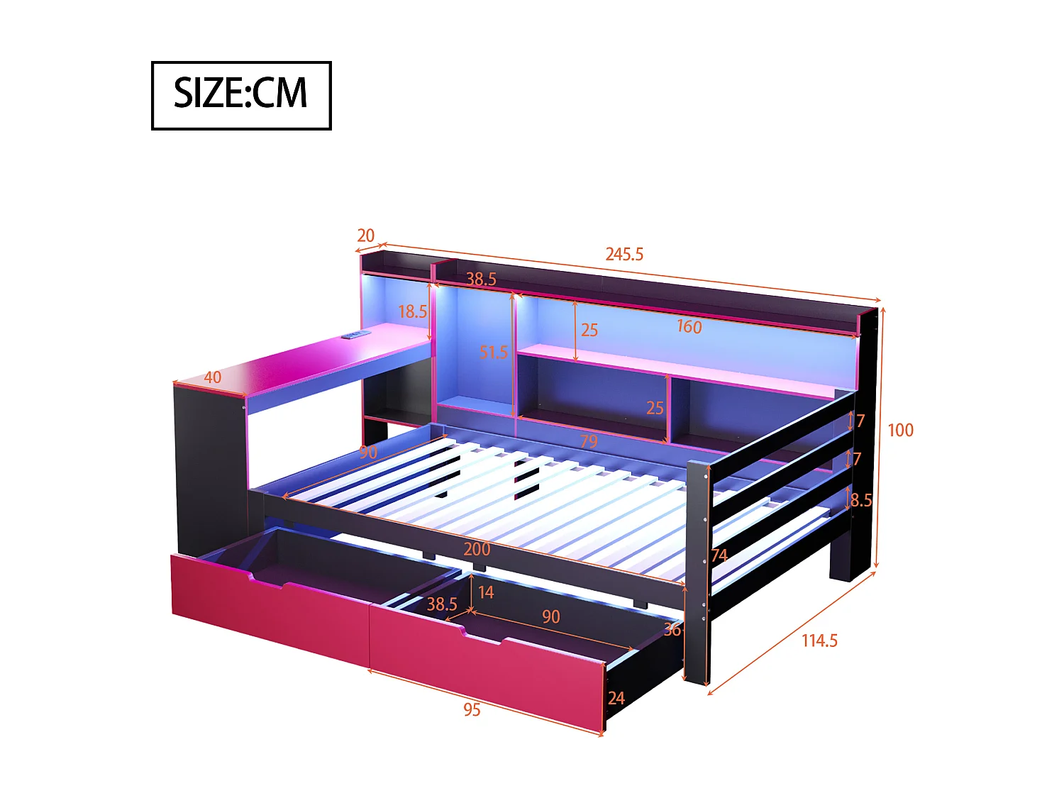 Schlafsofa 90x200 cm - mit Staufächern - integrierte Beleuchtung - Steckdose - 2 Schubladen - schwarz + rot​ (Matratze nicht inbegriffen)