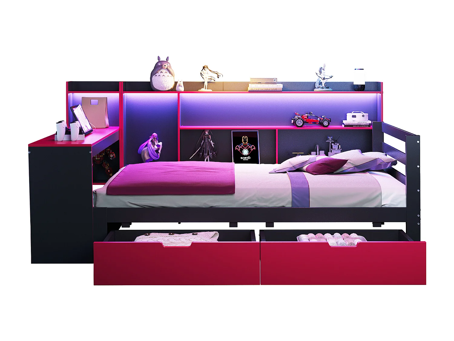 Schlafsofa 90x200 cm - mit Staufächern - integrierte Beleuchtung - Steckdose - 2 Schubladen - schwarz + rot​ (Matratze nicht inbegriffen)