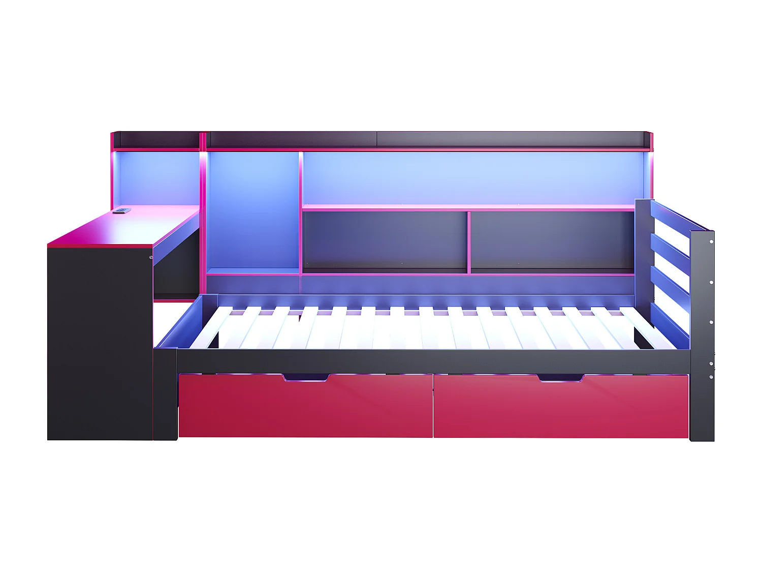 Schlafsofa 90x200 cm - mit Staufächern - integrierte Beleuchtung - Steckdose - 2 Schubladen - schwarz + rot​ (Matratze nicht inbegriffen)