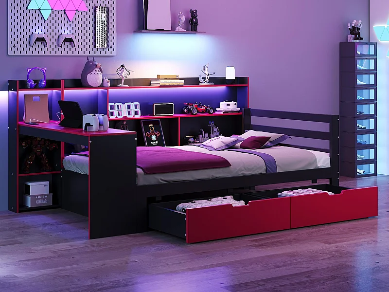 Divano letto 90x200 cm - con scomparti di riporre - illuminazione integrata - presa di corrente - 2 cassetti - nero + rosso​ (materasso non incluso)
