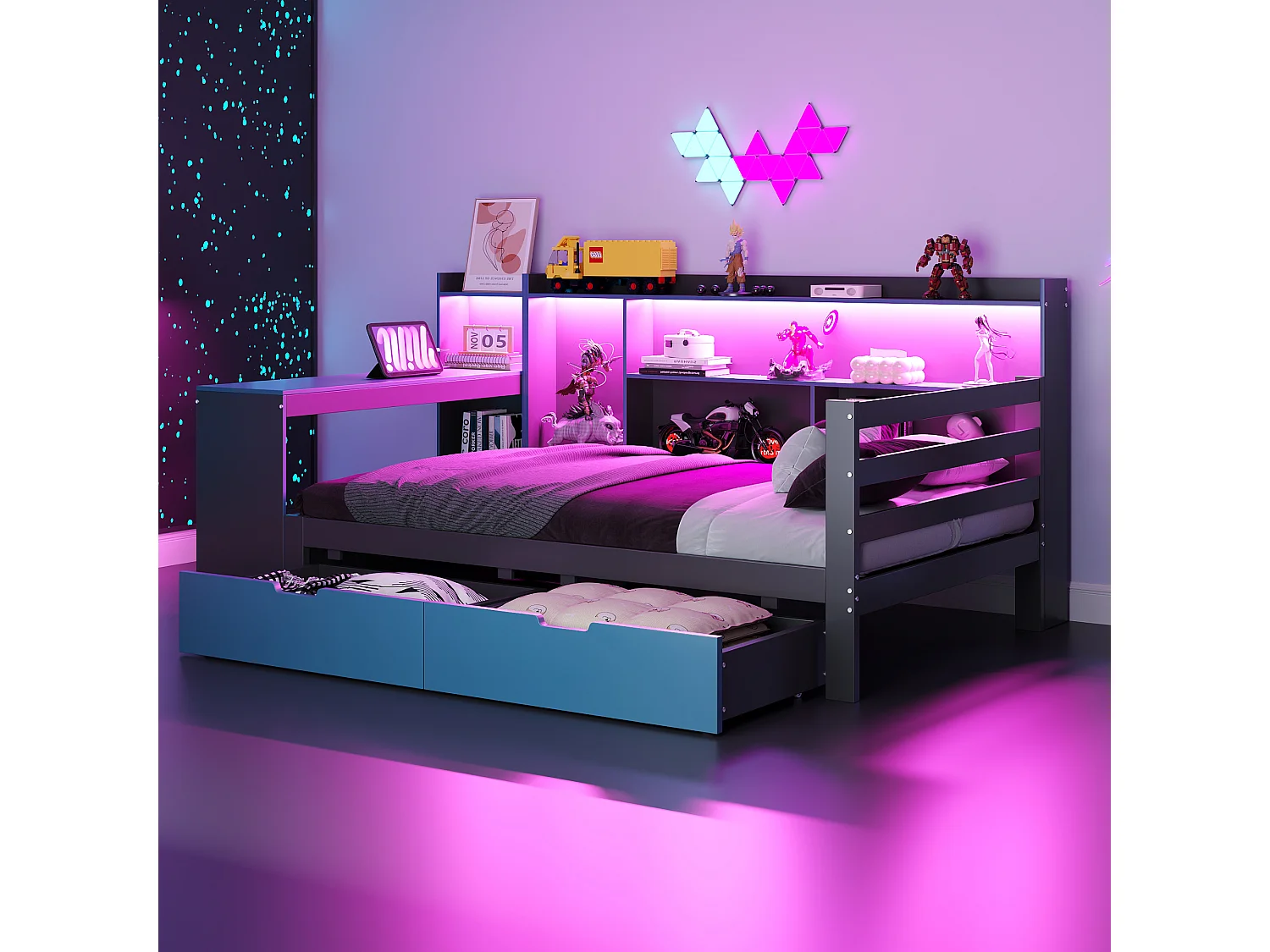 Divano letto 90x200 cm - con scomparti di riporre - illuminazione integrata - presa di corrente - 2 cassetti - nero + blu​ (materasso non incluso)