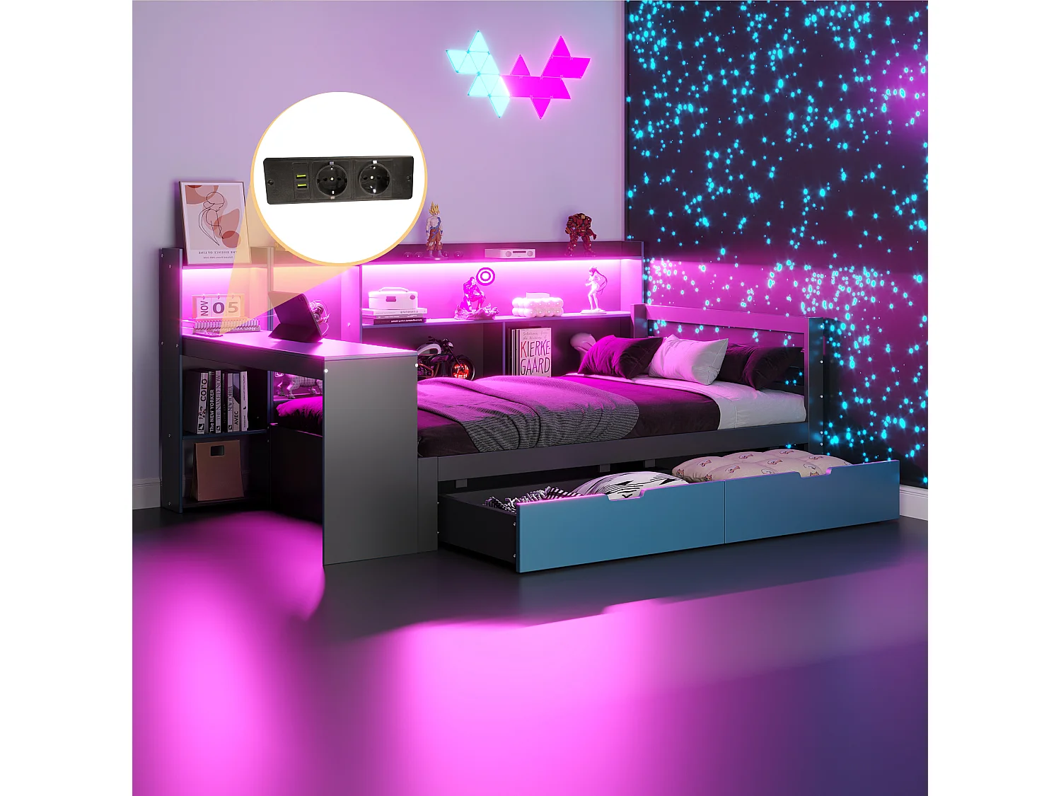 Divano letto 90x200 cm - con scomparti di riporre - illuminazione integrata - presa di corrente - 2 cassetti - nero + blu​ (materasso non incluso)