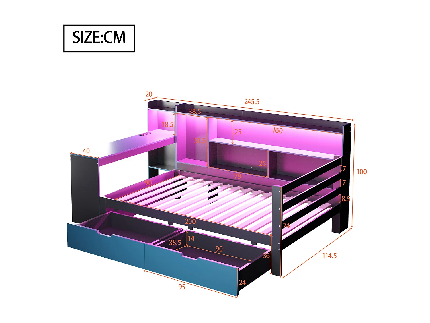 Divano letto 90x200 cm - con scomparti di riporre - illuminazione integrata - presa di corrente - 2 cassetti - nero + blu​ (materasso non incluso)