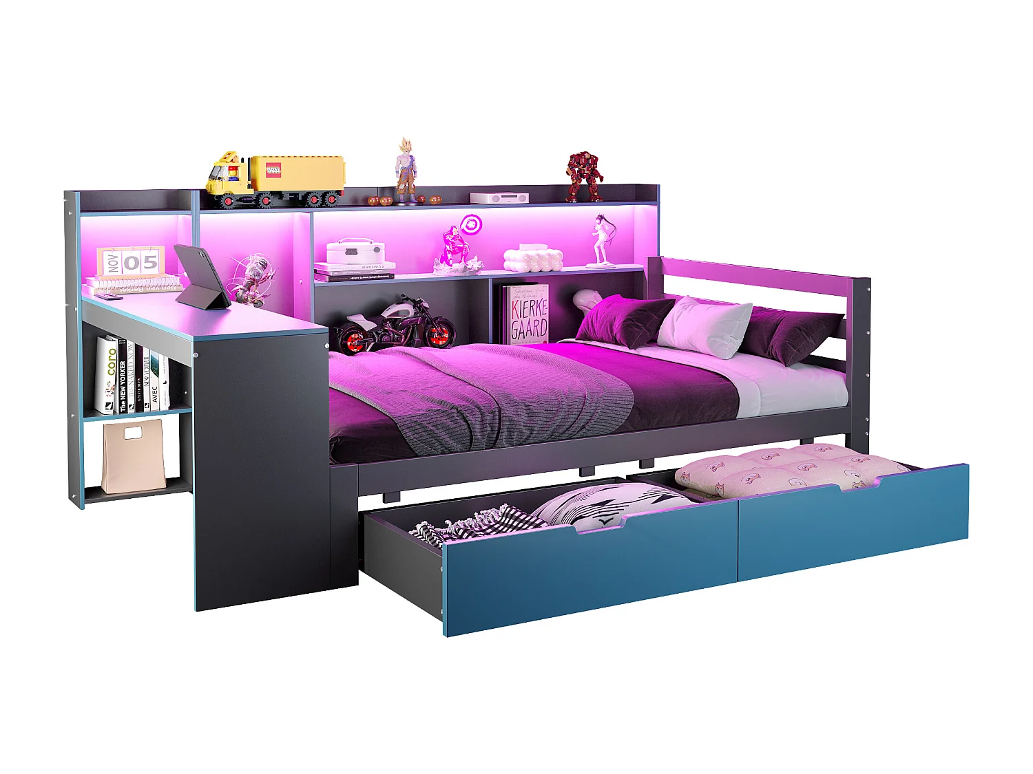 Divano letto 90x200 cm - con scomparti di riporre - illuminazione integrata - presa di corrente - 2 cassetti - nero + blu​ (materasso non incluso)