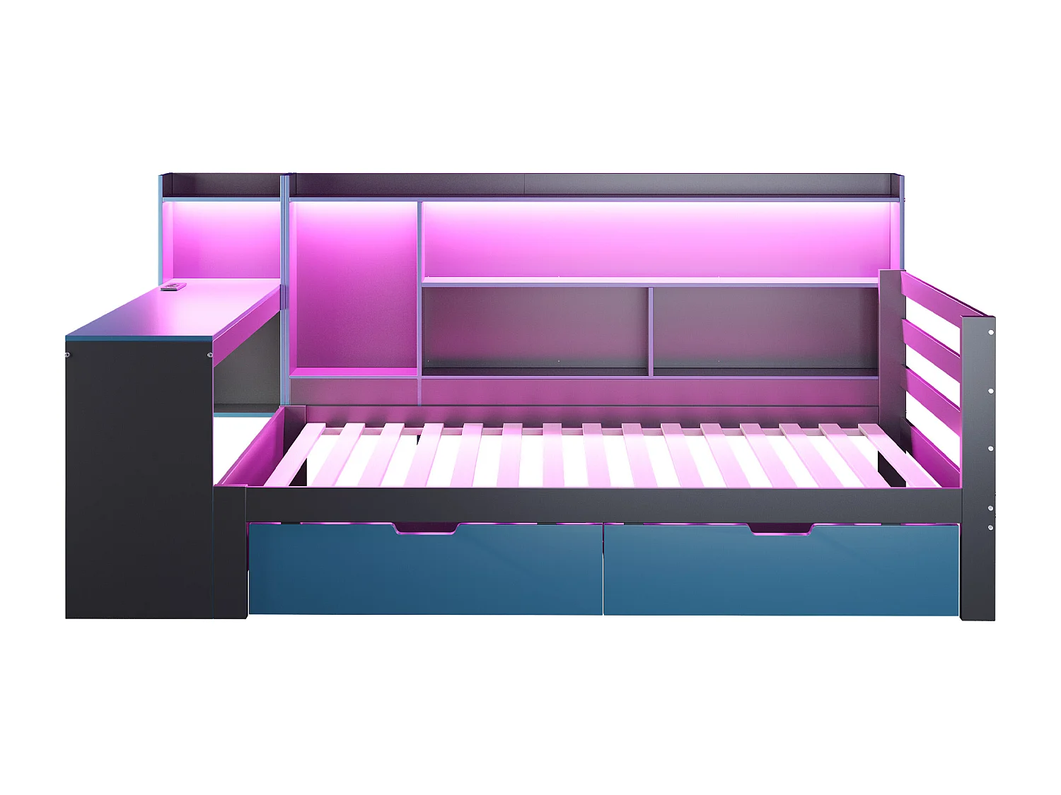 Divano letto 90x200 cm - con scomparti di riporre - illuminazione integrata - presa di corrente - 2 cassetti - nero + blu​ (materasso non incluso)