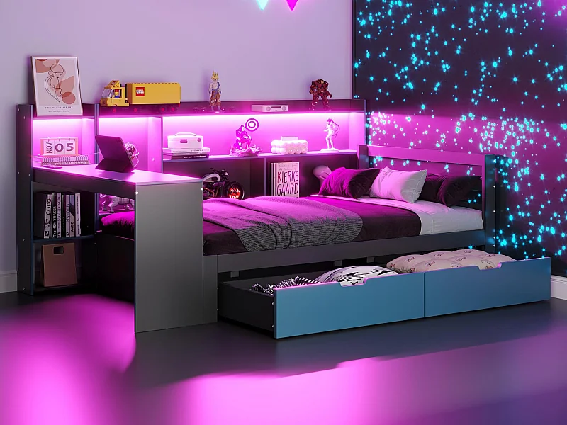 Divano letto 90x200 cm - con scomparti di riporre - illuminazione integrata - presa di corrente - 2 cassetti - nero + blu​ (materasso non incluso)