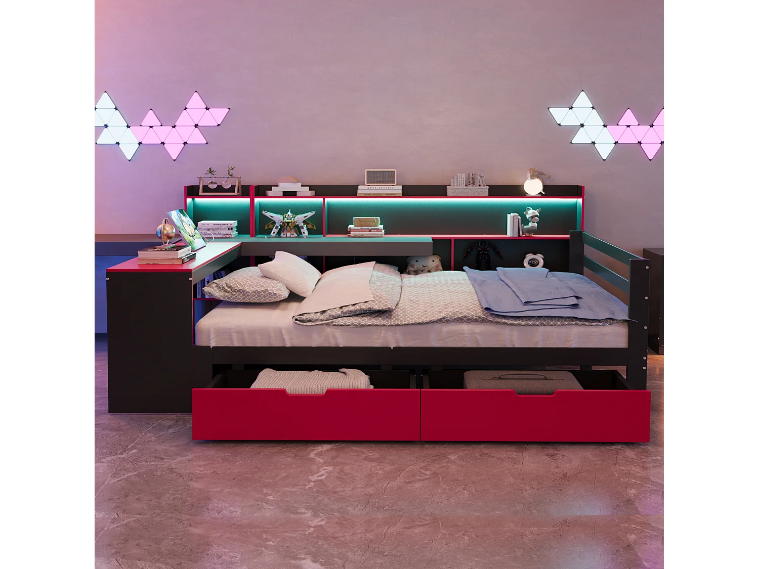 Divano letto 140x200 cm - con scomparti di riporre - illuminazione integrata - presa di corrente - 2 cassetti - nero + rosso​ (materasso non incluso)