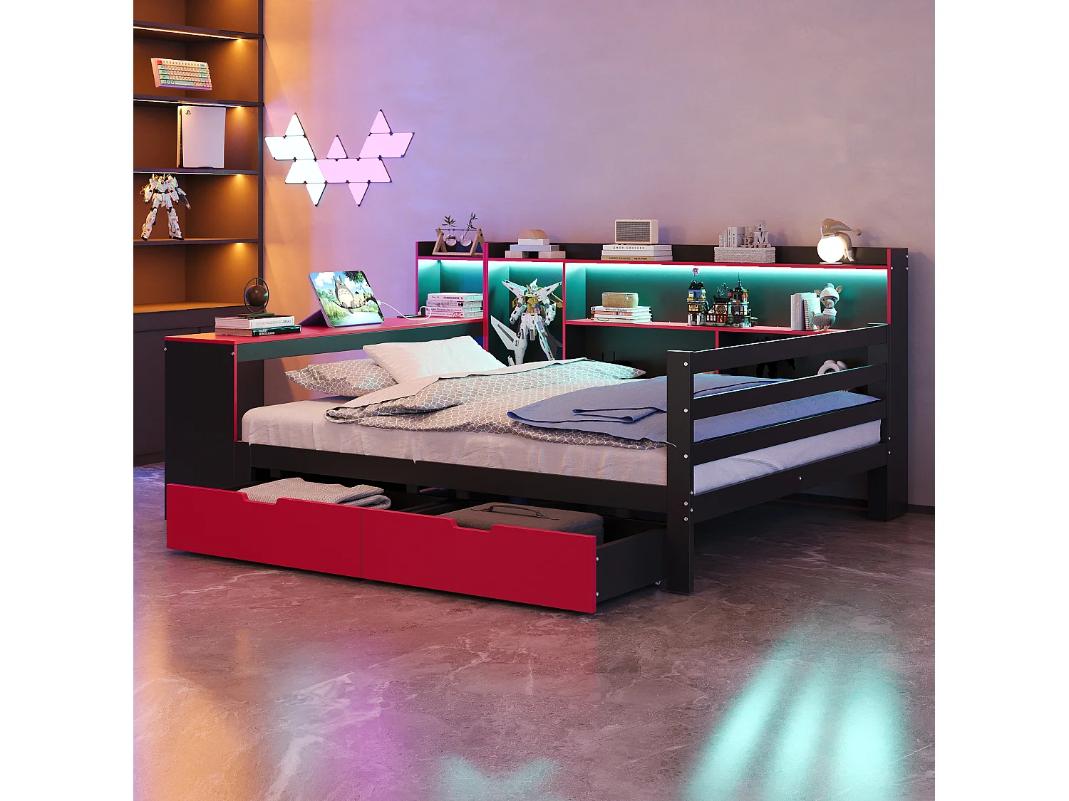 Divano letto 140x200 cm - con scomparti di riporre - illuminazione integrata - presa di corrente - 2 cassetti - nero + rosso​ (materasso non incluso)