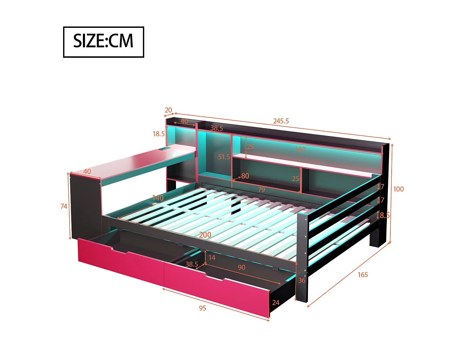 Divano letto 140x200 cm - con scomparti di riporre - illuminazione integrata - presa di corrente - 2 cassetti - nero + rosso​ (materasso non incluso)