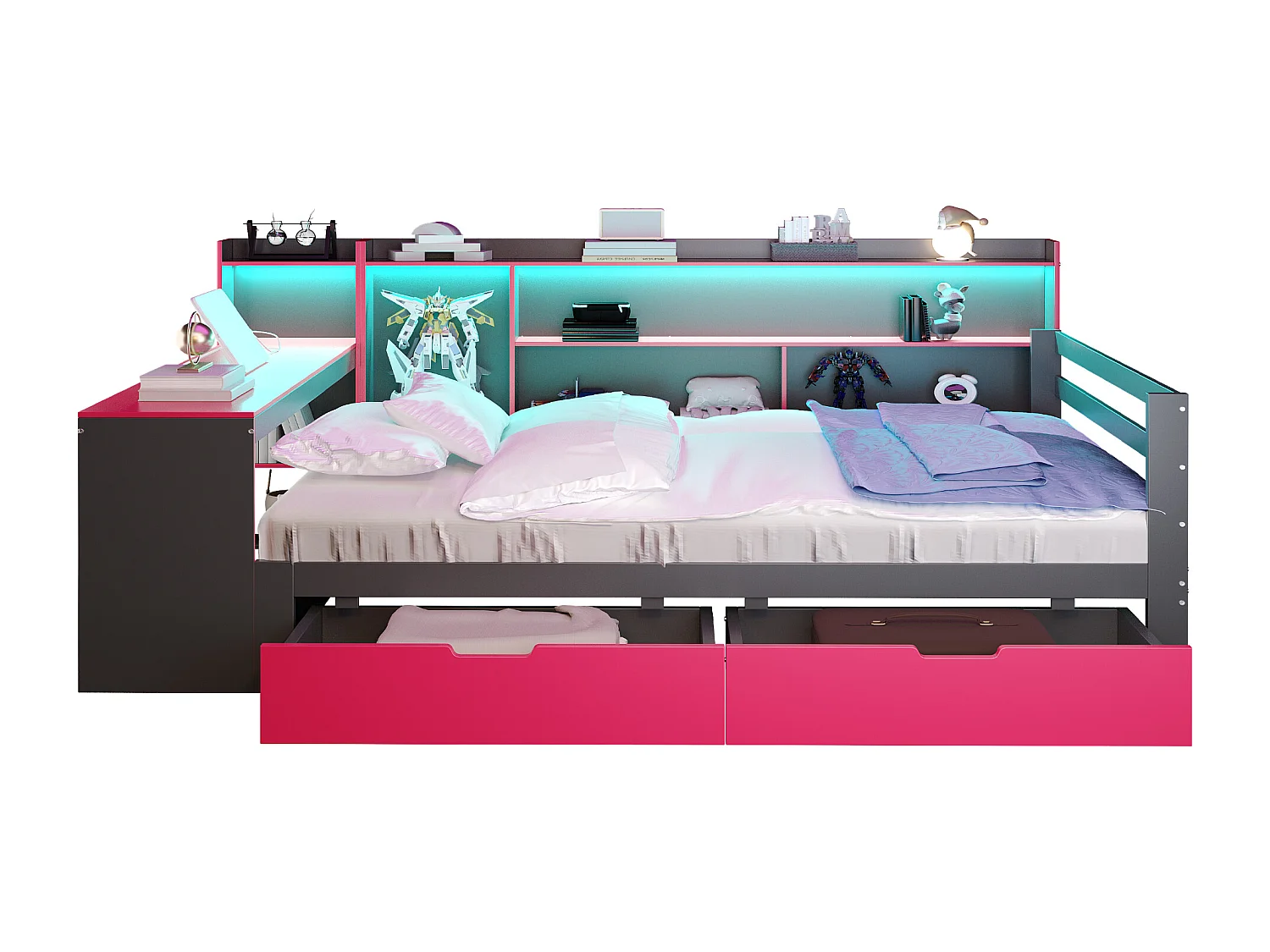 Divano letto 140x200 cm - con scomparti di riporre - illuminazione integrata - presa di corrente - 2 cassetti - nero + rosso​ (materasso non incluso)