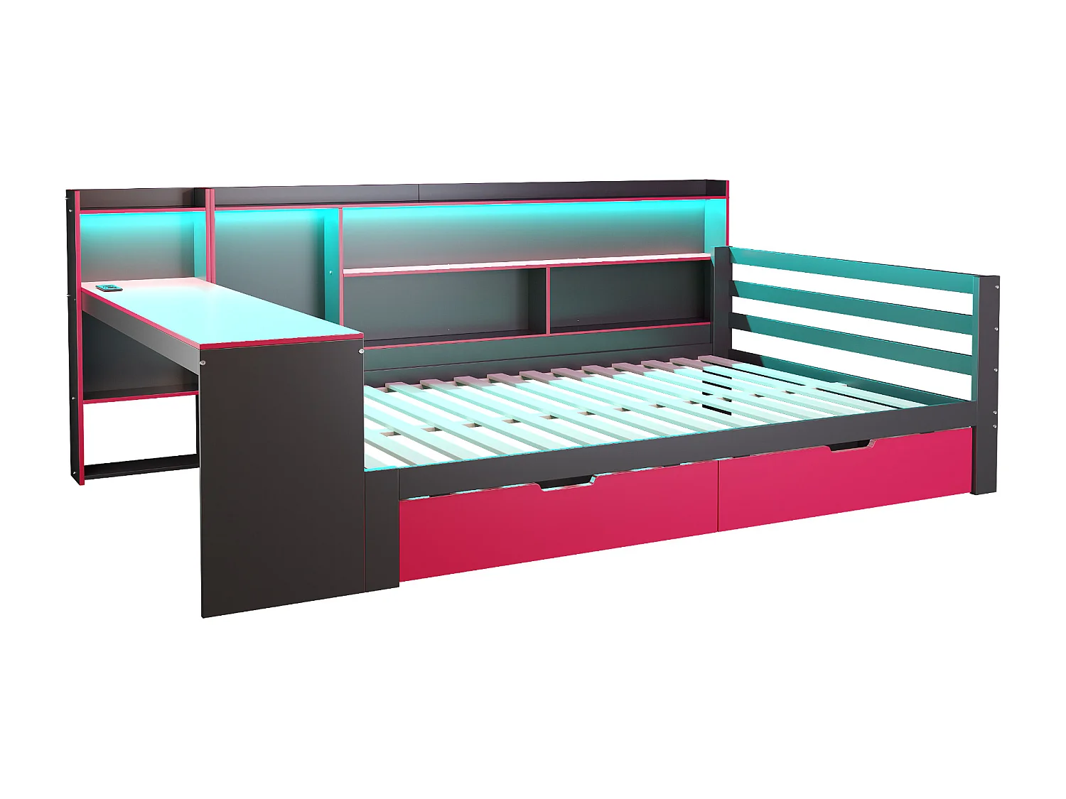 Divano letto 140x200 cm - con scomparti di riporre - illuminazione integrata - presa di corrente - 2 cassetti - nero + rosso​ (materasso non incluso)