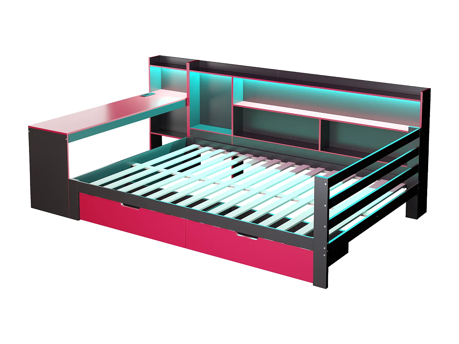 Divano letto 140x200 cm - con scomparti di riporre - illuminazione integrata - presa di corrente - 2 cassetti - nero + rosso​ (materasso non incluso)