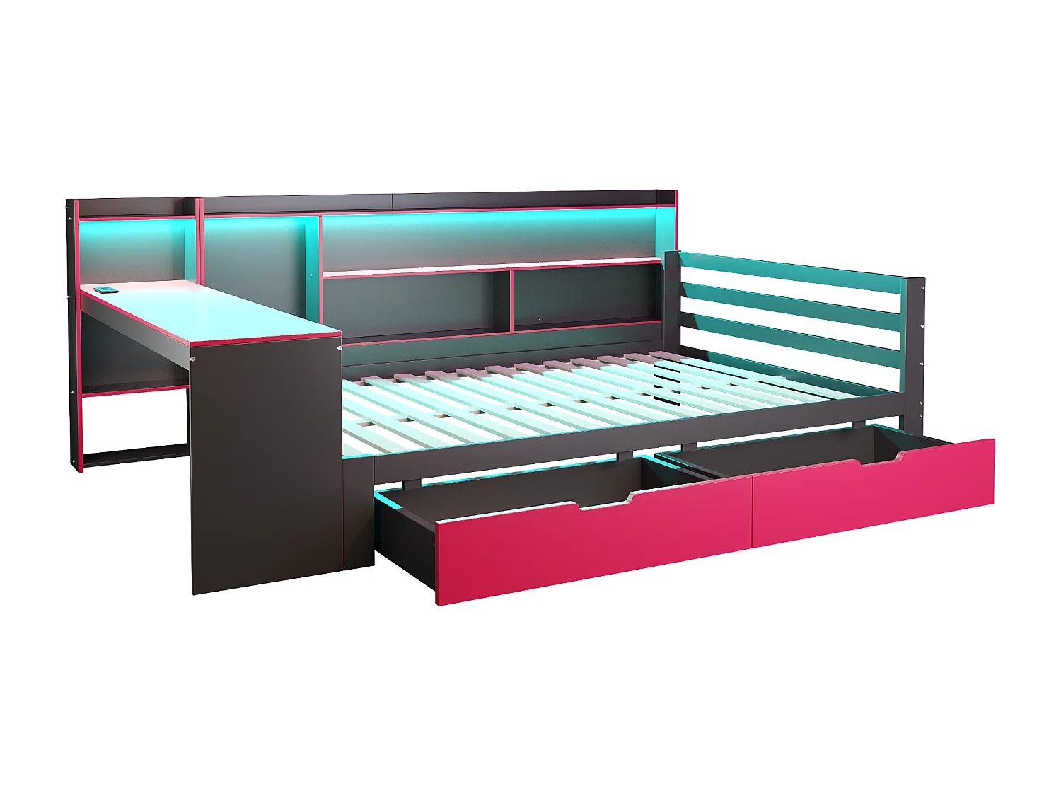 Divano letto 140x200 cm - con scomparti di riporre - illuminazione integrata - presa di corrente - 2 cassetti - nero + rosso​ (materasso non incluso)